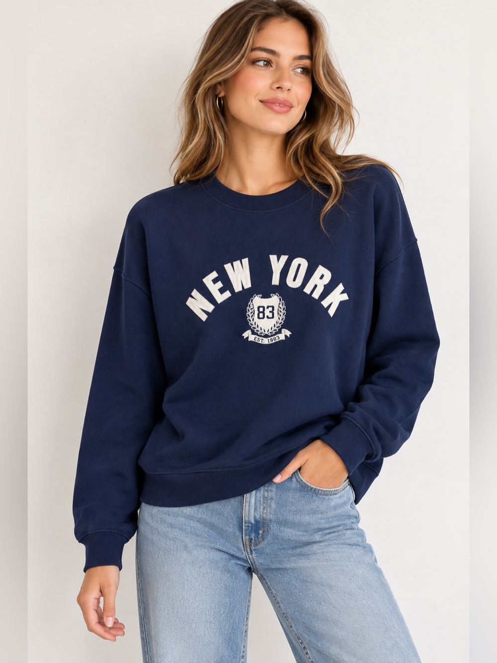 J. Crew New York 83 Navy Blue Cotton Blend Graphic Sweatshirt Size L NWT